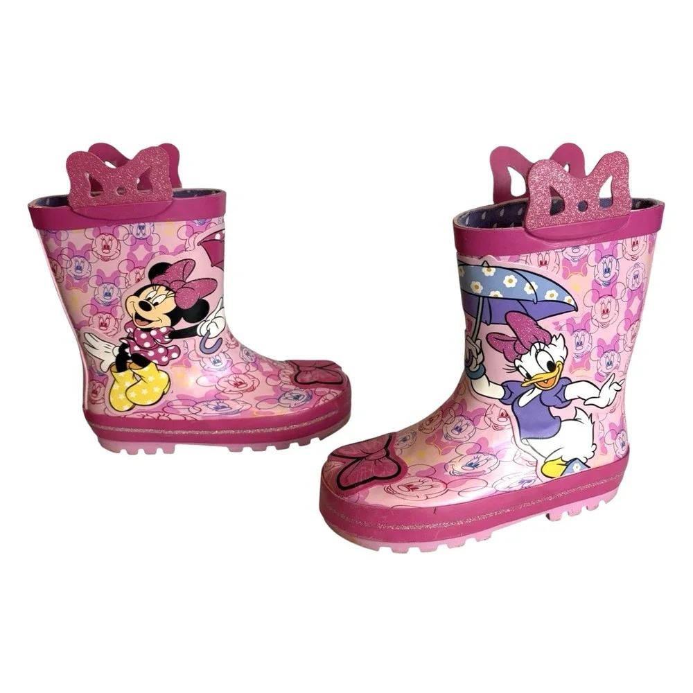 Disney Minnie Mouse Daisy Duck Toddler Girls Pink Bow Rain Boots Size 9-10